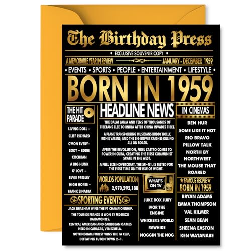 Gold 66th Birthday Card for Men Women - Black & Golden Newspaper Born in 1959 - Happy 66 Birthday Cards for Friend Nanny Brother Sister Husband Wife, 5x7 Inch Bday Greeting Cards