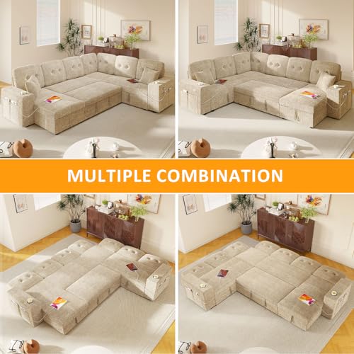 Image of Modular Sectional Sleeper Sofa with Pull Out Bed, 108 Inch U Shaped 7 Seat Couches for Living Room, Chenille Fabric Cloud Couch Bed with Storage & Reclining Backrest, USB Charging, Khaki