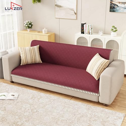 Image of Lukzer Quilted Sofa Cover Mat with Tassels for 3 Seater Sofa - Cranberry Red | Soft Washable Anti-Slip Protector for Living Room | Furniture Cover for Back-Seat Slipcover 180X150CM / SC-194-3T