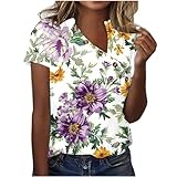 Women's Summer Solid V-Neck Short Sleeve Shirts Plus Size Vintage Button Tunics T-Shirt Casual Blouse Tops