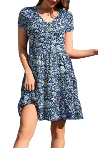 Image of nclook Womens Summer Casual Dress Sweet Cute V Neck Mini Dress with Pocket Short Sleeve
