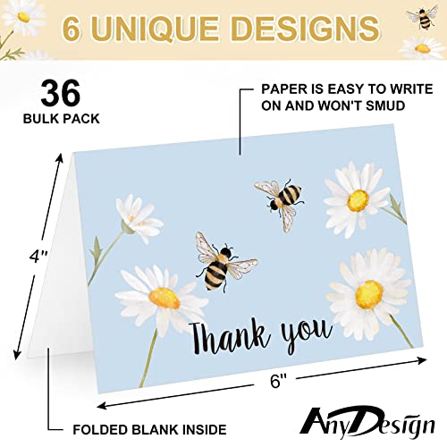 AnyDesign 36 Pack Daisy Thank You Cards with Matching Seal Stickers Envelope Assorted Watercolor Flower Bees Greeting Blank Note Cards for Baby Shower Wedding Birthday Party Business Stationery - Image 3