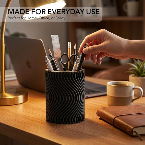 Image of Pen stand for table, aesthetic pen stand for office table stylish, pen holder for desk, pencil holder, office desk organizer, Study accessories penstand for men women kids items (Black, Wavy)
