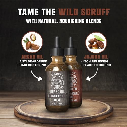 Image of Viking Revolution Beard Oil - Sandalwood & Unscented - 1 fl oz (2 Pack) | 100% Natural Ingredients - Formulated with Argan Oil & Jojoba Oil - Softens Rough Hair & Hydrates Skin - 2 Variety Scents