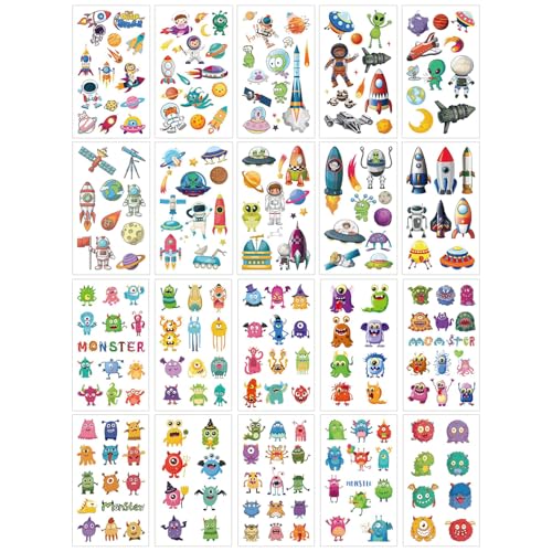 CHROMACRAFT 10 Tatuajes con Temática De Monstruos, 10 Tatuajes con Temática Espacial, Set De Tatuajes para Niños, Tatuajes De Dibujos Animados Coloridos, Tatuajes Temporales para Niños/Niñas
