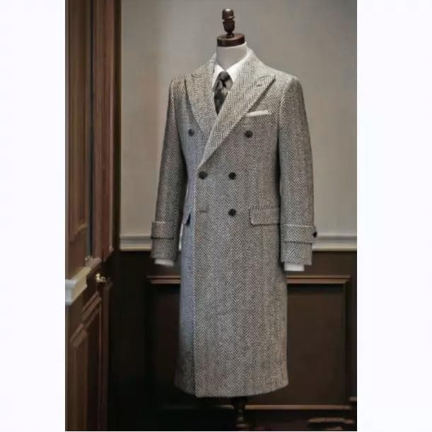 Mens Herringbone Tweed Trench Long Jacket Wool Outwear Windbreaker Coat for Winter3