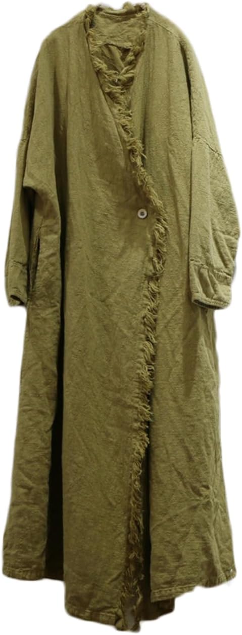 Ystylee Womens Cotton Linen Long Trench Coat Front Distressed Artistic Hippie Long Sleeve Maxi Outwear with Pocket - Image 3