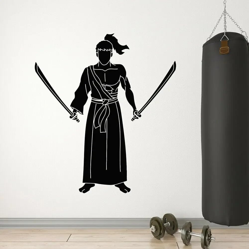 Vinyl Wall Decal Japan Fighter Katana Swords Samurai Warrior Stickers Gym Bedroom Decoration Murals Removable 56X63 CM