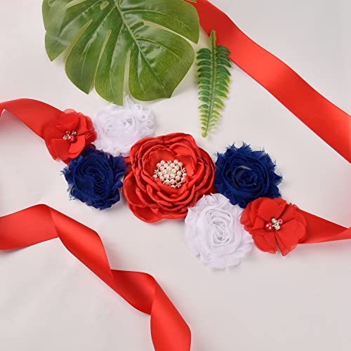 Vintage Maternity Sash for Baby Shower Pregnancy Flowers Sash Belt with Flowers Pearls Rhinestone for Wedding Bride/Baby Shower Dress (Red/Blue/White)4