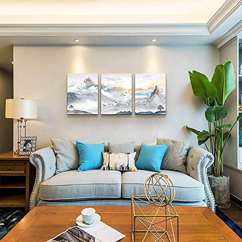 Image of Mountain Landscape Abstract Painting Canvas Wall Art For Living Room Bathroom Wall Decor For Bedroom Kitchen Artwork Canvas Prints 3 Pieces Modern Framed Office Home Decorations Watercolor Picture