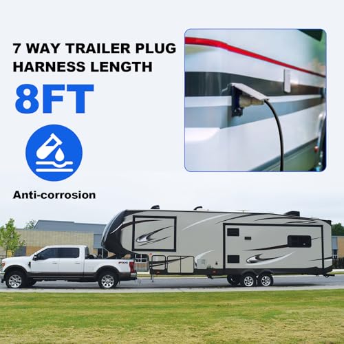 Image of 8 Ft 7 Pin Trailer Plug 10-14AWG 7 Way Trailer Plug Brass 7 Pin Trailer Wiring Harness Heavy Duty 7 Wire Trailer Wiring Harness Kit with Dust Cover 7 Way Trailer Wire for Rv Trailer Camper