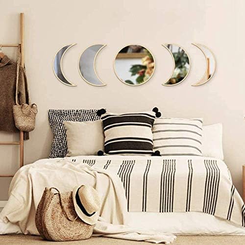 5 Pieces Scandinavian Natural Decor Acrylic Wall Decorative Mirror Interior Design Wooden Moon Phase Mirror Bohemian Wall Decoration for Home Living Room Bedroom Decor - Not Actual Mirror (Brown)