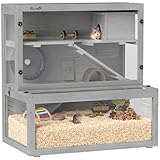 PawHut Hamsterkäfig Holz Groß Rennmaus Käfig mit Hütte Rad Rampen 3 Etagen Kleintier-Lebensraum mit abnehmbaren Sichtfeldern 80 x 50 x 84 cm Grau