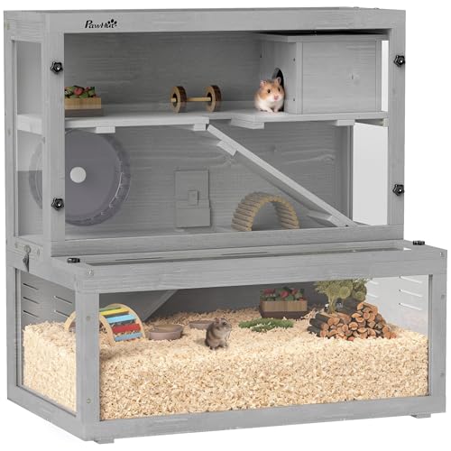 PawHut Cage Hamster en Bois à 3 Niveaux, Cage Rongeur avec Cabane, Roue, Rampes, Panneau Transparent, Espaces Séparés, pour Hamsters Nains, Gerbilles,...
