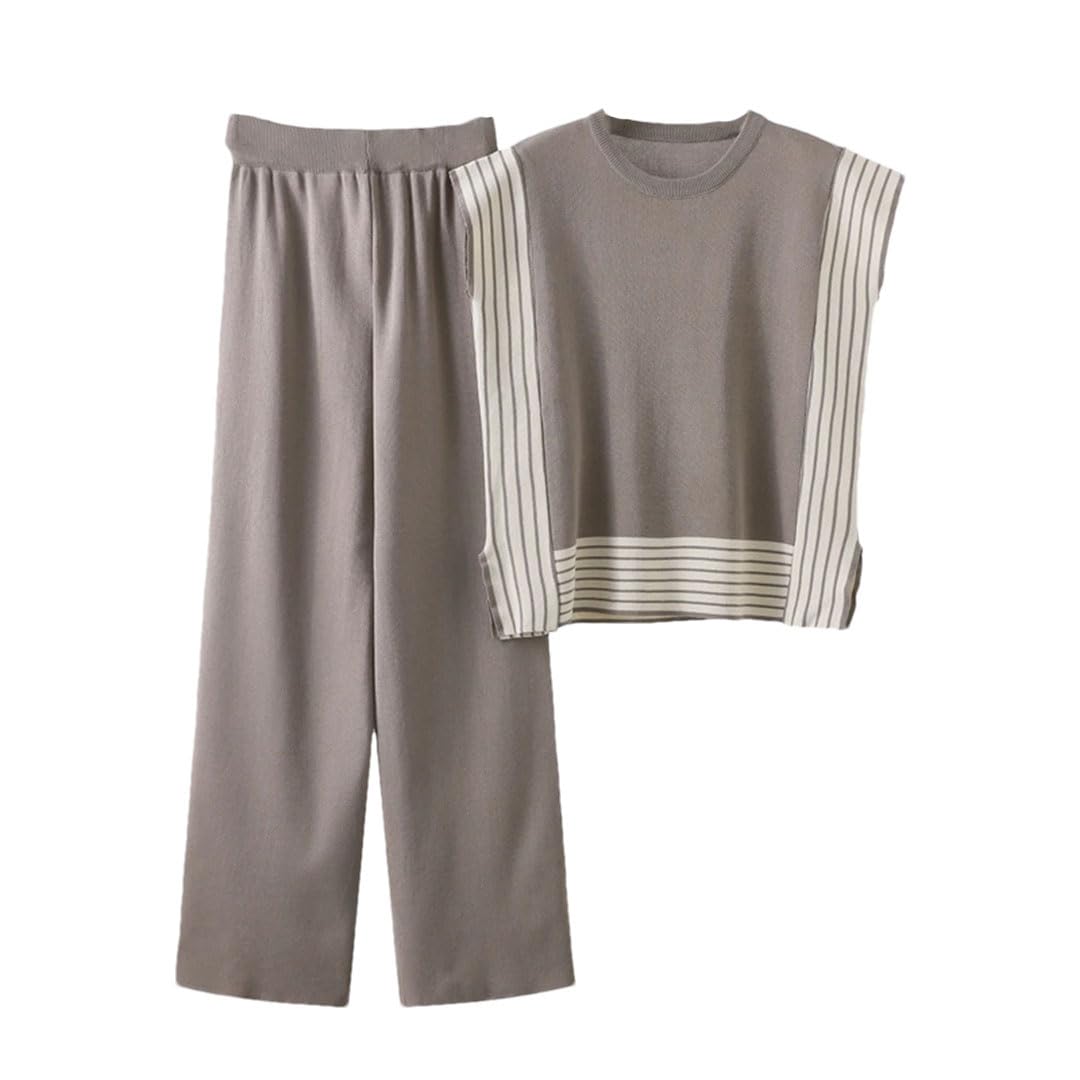 Ensemble deux pièces en tricot patchwork rayé pour femme - T-shirt sans manches - Jambe large - Pantalon longueur cheville