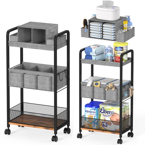 Image of 2In1 Baby Diaper Caddy & 3-Tier Rolling Diaper Cart, Caddy Organizer Cart with Dividers, Mobile Metal Bedside Carts for Baby Essentials, Rolling Carts for Newborn Nursery with Wheels, Large Capacity