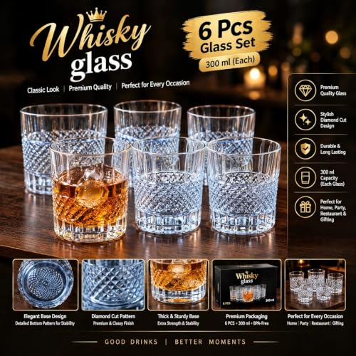 Image of Whisky Glass Set of 6, Diamond Cut Pattern, 300 ml Each