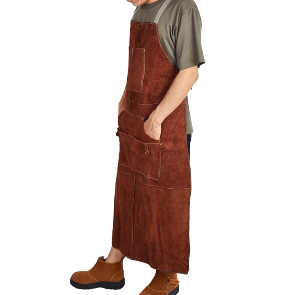 Lecreatekit Tablier de soudage en cuir robuste pour homme avec 6 poches, résistant à la chaleur et aux flammes, tablier de forgeron, motif croisé dans le dos, marron, 65 x 115 cm