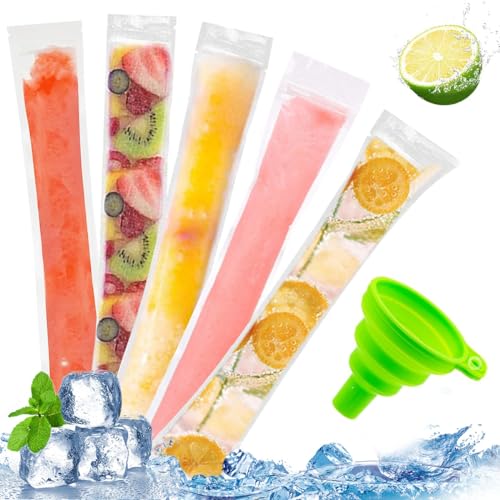 Pack of 200 Popsicle Bags, Ice Pop Bags, Popsicle Moulds Bags with Funnel, Water Ice Bags, Pop Mould Bags with Zip, DIY Ice Moulds for Yogurt, Snack or Freeze Pops