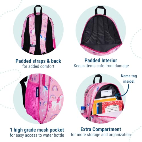 Image of Wildkin 15 Inch Backpack for Kids, Rainbow Unicorns | Ages 5-10, padded straps, side water bottle pocket - coordinates with matching Wildkin lunch boxes