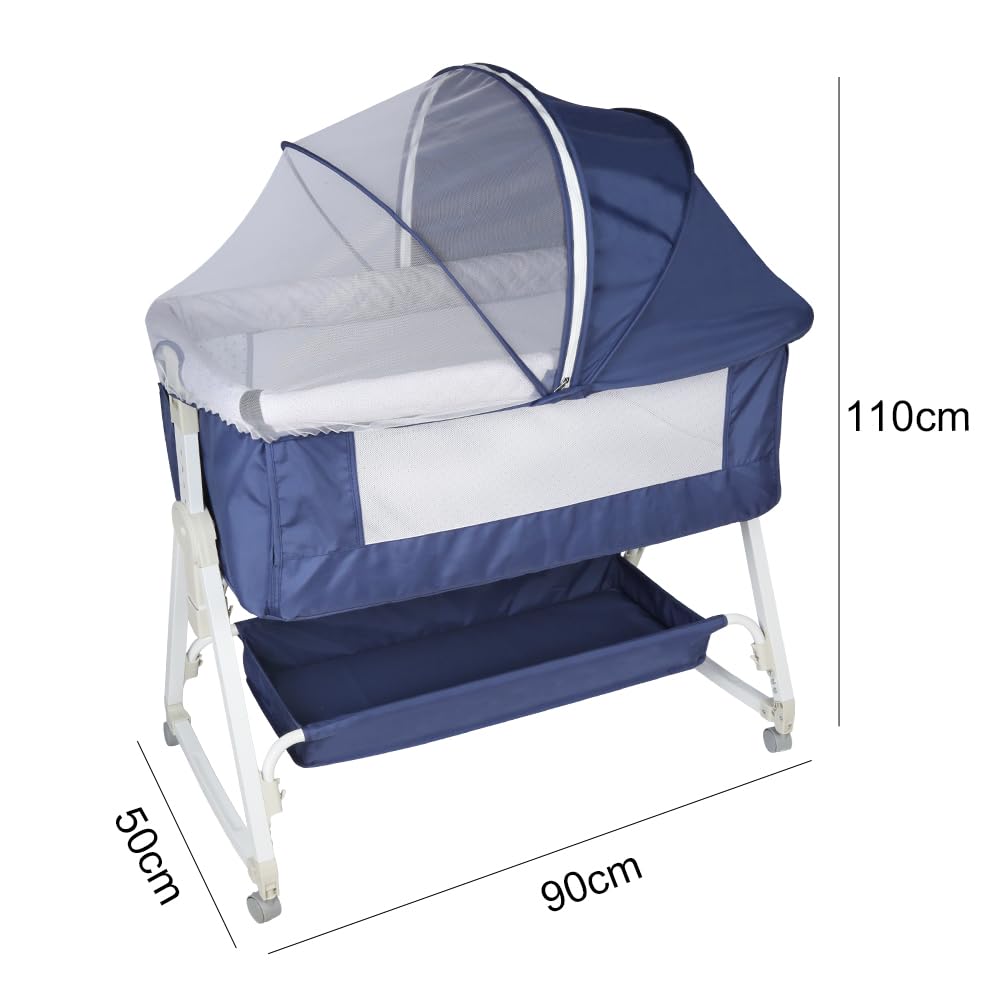 Cuna 3 en 1 de Viaje con Ruedas y colchón,Cuna colecho pórtatil Regulable en Altura a 5 velocidades, Cuna con Bolsillo Lateral de Transporte, para Bebés de 0-5 Meses (95x50x98 - 110cm (azul azafrán))