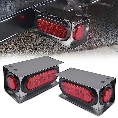 PIT66 Trailer Tail Lights Rear Lamps Assembly Steel Boxes Housing Kit w/6Inch Oval Red LED Trailer Tail Lights 2 Inch Round Red LED Side Marker Lights 2 Pack