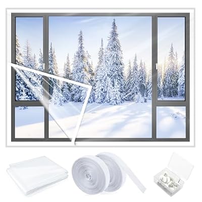 47 x 63 Inch EVA Window Insulation Kit - Heavy Duty Adjustable Film with 2 Hook & Loop Straps & 10 Thumbtacks, Reusable Thermal Insulation for Winter, Breathable Weatherproof Home Protection (S)