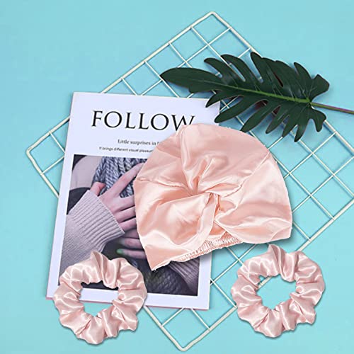 Satin Hair Wrap for Sleeping Pink Satin Bonnet Double-Sided Sleep Cap Sleep Turban Hair Bonnet with 2 Pcs Hair Scrunchies for Curly Hair Women Silk Sleep Cap with Elastic Bow Stay On Head - Image 2