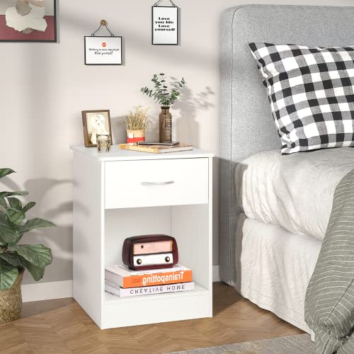 Tusy Nightstand, Bedside Table With Drawer, Wood Accent Table, Easy Assembly, Modern Design For Bedroom, White #TOP1