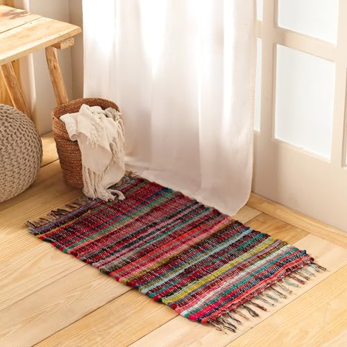HOMEMONDE Reversible Chindi Rag Rug with Decorative Tassels | 20x32 Inches Hand-Braided Multicolor Cotton Entryway Doormat | Boho Style for Kitchen, Living Room, Bedroom, and Any Space