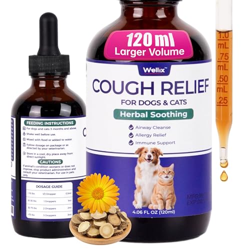 Wellix 120ml Kennel Cough Treatment for Dogs & Cats High-Volume - All Herbal Formula for Dog Cough Sneezing & Cat Cold Relief - Durable Bacon Flavor Throat Gold for Dogs