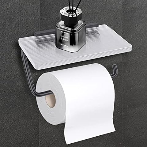 Toilet Roll Holder Black No Drilling Superior Toilet Paper Holder Aluminium with Acrylic Shelf Wall Mounted Toilet Roll Holder for Kitchen and Bathroom Cover