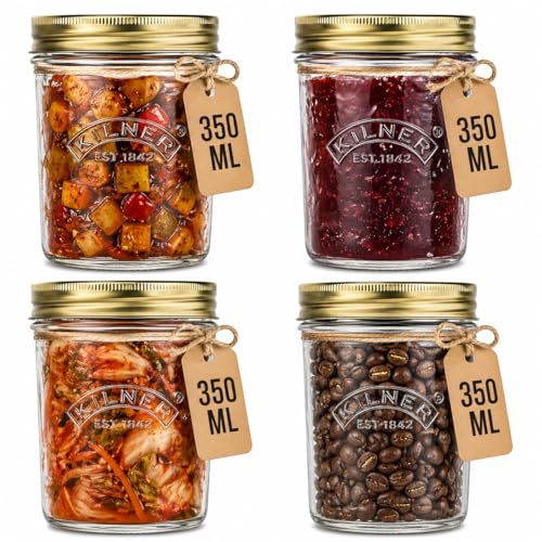 Image of Kilner Premium 4 x 350ml Wide Mouth Airtight Glass Preserve Jar | Multipurpose Kitchen Storage Container for Storing and Preserving Jams, Pickles, Chutneys