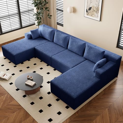 Image of 142 inch U-Shape Cloud Couch, Modern Modular Sectional U-Shape Sofa, Corduroy Boneless Couch Upholstered Couches Deep Seat Sleeper Chaise Longue for Living Room, No Assembly Required,Blue