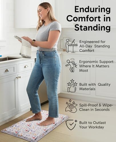 Image of Ophanie Kitchen Mats for Floor, 3 /4 inch Thick, 20x48 Anti Fatigue Cushioned Mat, Kitchen Rugs, Waterproof, Comfort Ergonomic Standing Mat for Office, Home, Sink, White Flower Non-Slip Ridged Bottom