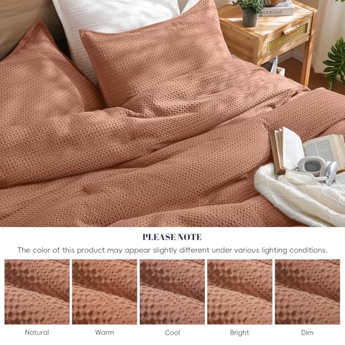 Image of PHF Soft Waffle Comforter Set Queen Size- Comfy Breathable Waffle Weave Comforter with 2 Pillow Shams, 3 Pieces Less Snagging Lightweight Textured Bedding Set for All Season, Terracotta