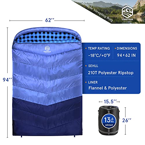 Coastrail Outdoor Double Sleeping Bag Queen-Sized For Adults Couples, 0F Degree Xl Three-Zone Thickened Design Warm And Comfortable For Camping 3-4 Seasons Cold Weather With Compression Sack, Blue #TOP6