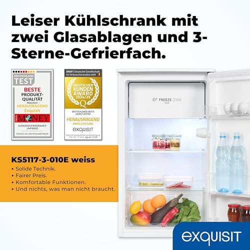 Exquisit Kühlschrank mit 3-Sterne-Gefrierfach | 82 l Nutzinhalt, Energieeffizienzklasse E, 38 dB | LED-Beleuchtung, manuelle Temperaturregelung, wechselbarer Türanschlag | KS5117-3-010E weiss