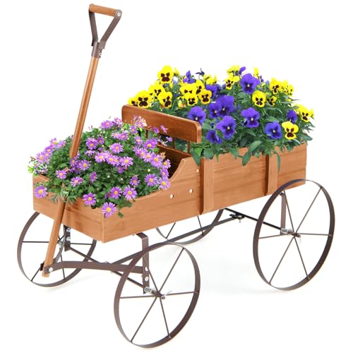 HOMASIS Blumenwagen Holz, Blumenkarre mit 4 Metall Rädern, Griff & 2 Fächern, Blumenständer Holzwagen Pflanzschubkarre, Blumenkasten Gartendeko für Garten Balkon Terasse, 62x34x60cm (Orange)