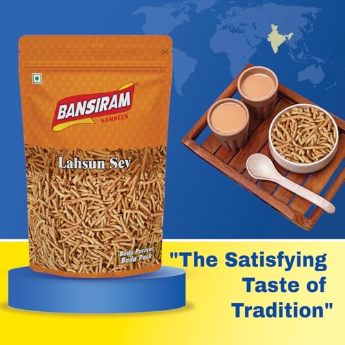 Image of Bansiram Namkeen | Lahsun Sev | Garlic Sev | Ready-to-Eat Spicy Snack | Crispy & Flavorful Indian Namkeen | Traditional Tea-Time Snack - 375gm