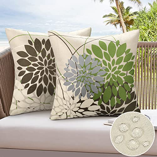 Lot De 2 Housses De Coussins Imperméable Housse Coussin Géométrique Gris Vert Brun Fleur Taie D Oreiller Décoratives En Lin Housse Coussin Exterieur Jardin Balcon Décoratif Pour Salon Chambre