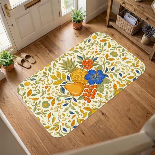 Tapis ananas, motif floral tropical, poire, hibiscus d'été jaune, tapis rectangulaire à poils courts en éponge qui ne perd pas ses poils pour buanderie, salle de bain, porte d'entrée, 0,6 x 0,9 m