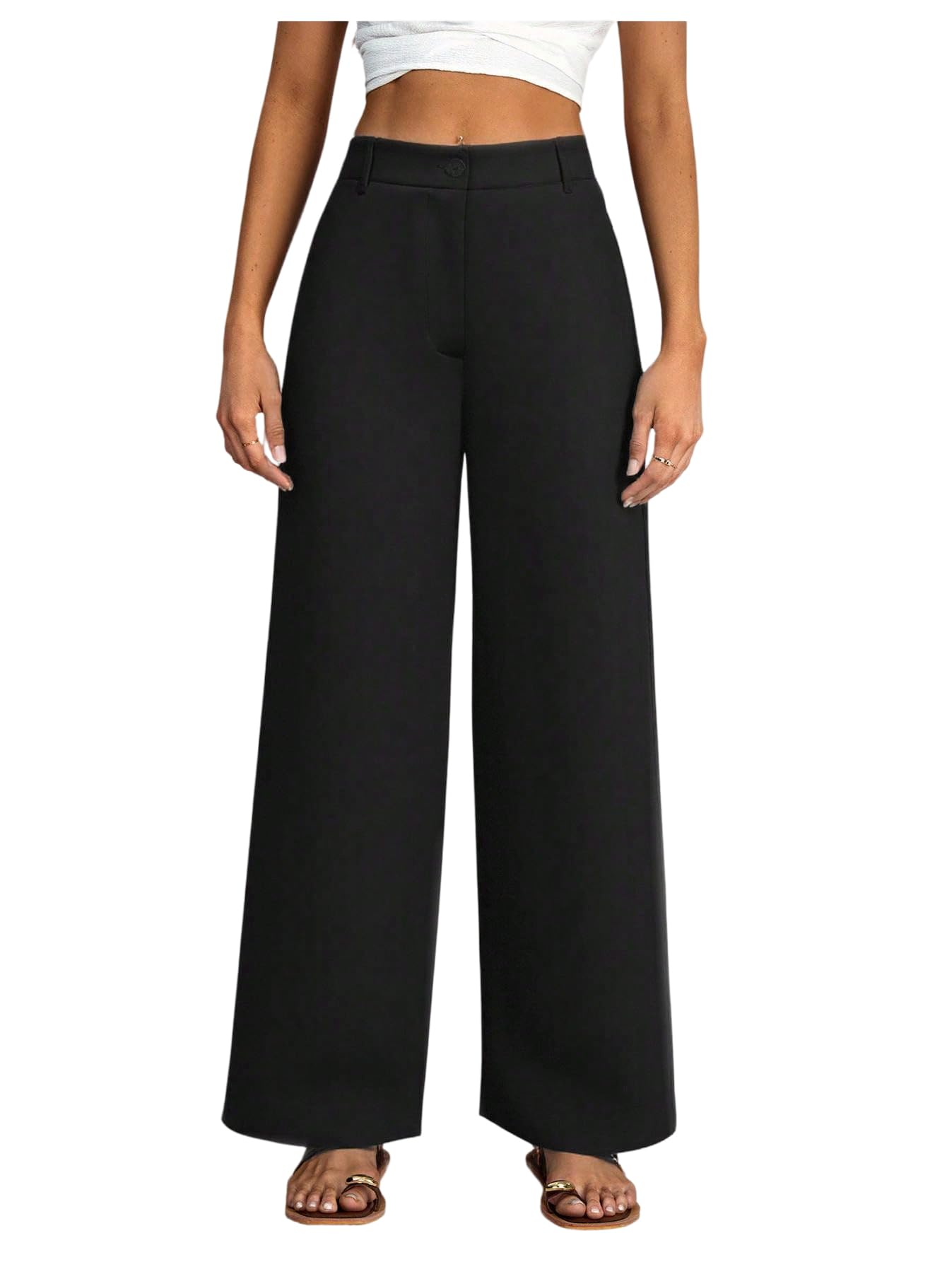 Womens Wide Leg Tailored Pants Elegant High Elastic Waist Work Office Trousers with Pockets