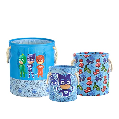 Image of PJ Mask 3 Piece Multi Size Fabric Nestable Toy Storage Basket Set, with Rope Carry Handles