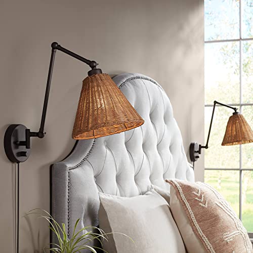 Barnes and Ivy Mid Century Modern Cottage Swing Arm Wall Lamps Set of 2 Bronze Metal Plug-in Light Fixture Natural Rattan Shade Bedroom Bedside House Reading Living Room Home Hallway Dining
