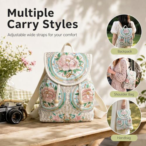 Image of Jursccu Embroidered Backpack Purse for Women Small Canvas Vintage Daypack