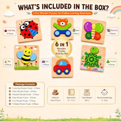 Image of Wooden Jigsaw Puzzles Set | Puzzle Game for Kids 3 to 5 Years | 6 in 1 Animal & Vehicle Puzzle Toy for Shape Matching Activity Play | Multi Color |1 Set
