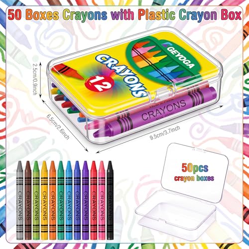 Image of Geyoga 50 Set Plastic Crayon Boxes with 600 Pcs 12 Color Crayons Bulk | 3.7 x 2.6 x 0.9 Inches Crayon Organizer Case, Stackable Crayon Storage with Name Tags, Back to School Essentials Party Favors