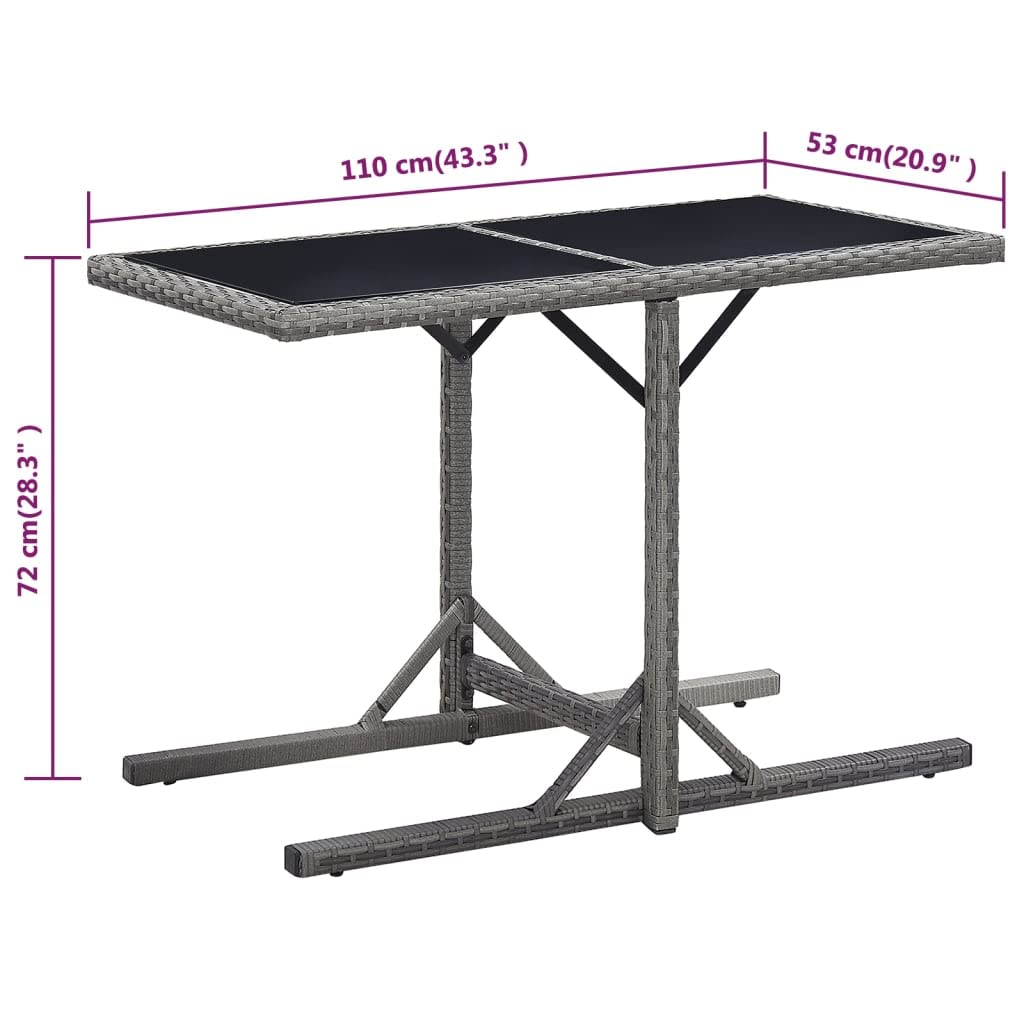 Mesa de jardín de ratán de polietileno con tablero de cristal, 110 x 53 x 72 cm, de color antracita, con estructura de acero, resistente al agua y fácil de limpiar, para jardín, terraza o