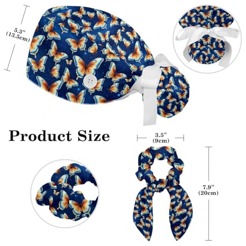 Image of Colored Butterflies Scrub Caps Women Ponytail, Adjustable Bouffant Surgical Caps with Button, Nurse Hats Long Hair